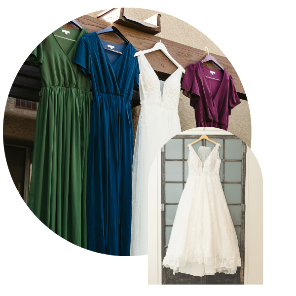 wedding gown and bridesmaid dress collage